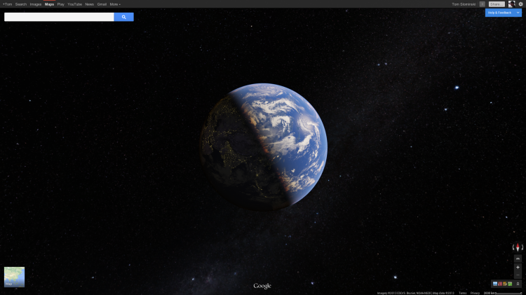 And if you zoom out even further, you get a beautiful view of the earth, which will be familiar to users of Google Earth. You can spin it freely and see on which side of the Earth light falls on right now. Google says the stars in the background are also real time.